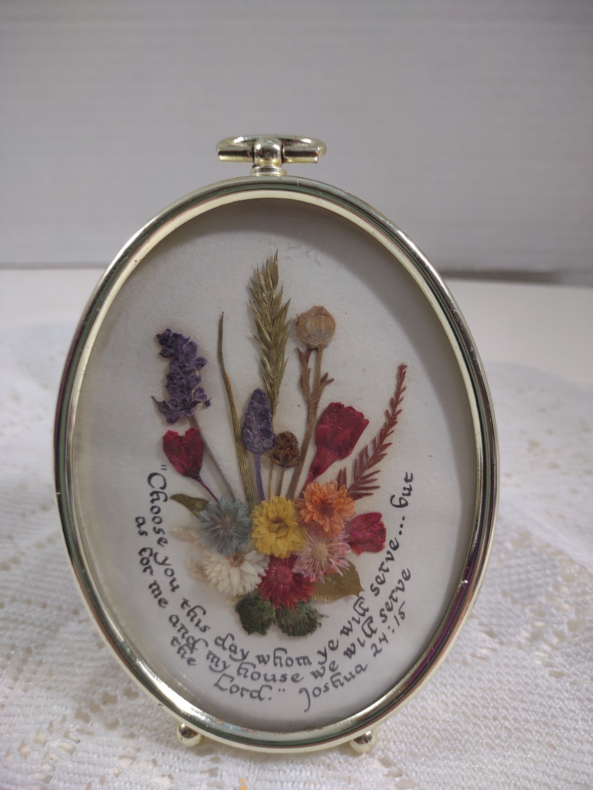 Pressed Dried Flowers With Joshua Scripture Oval Frame Vintage Cottage Handmade