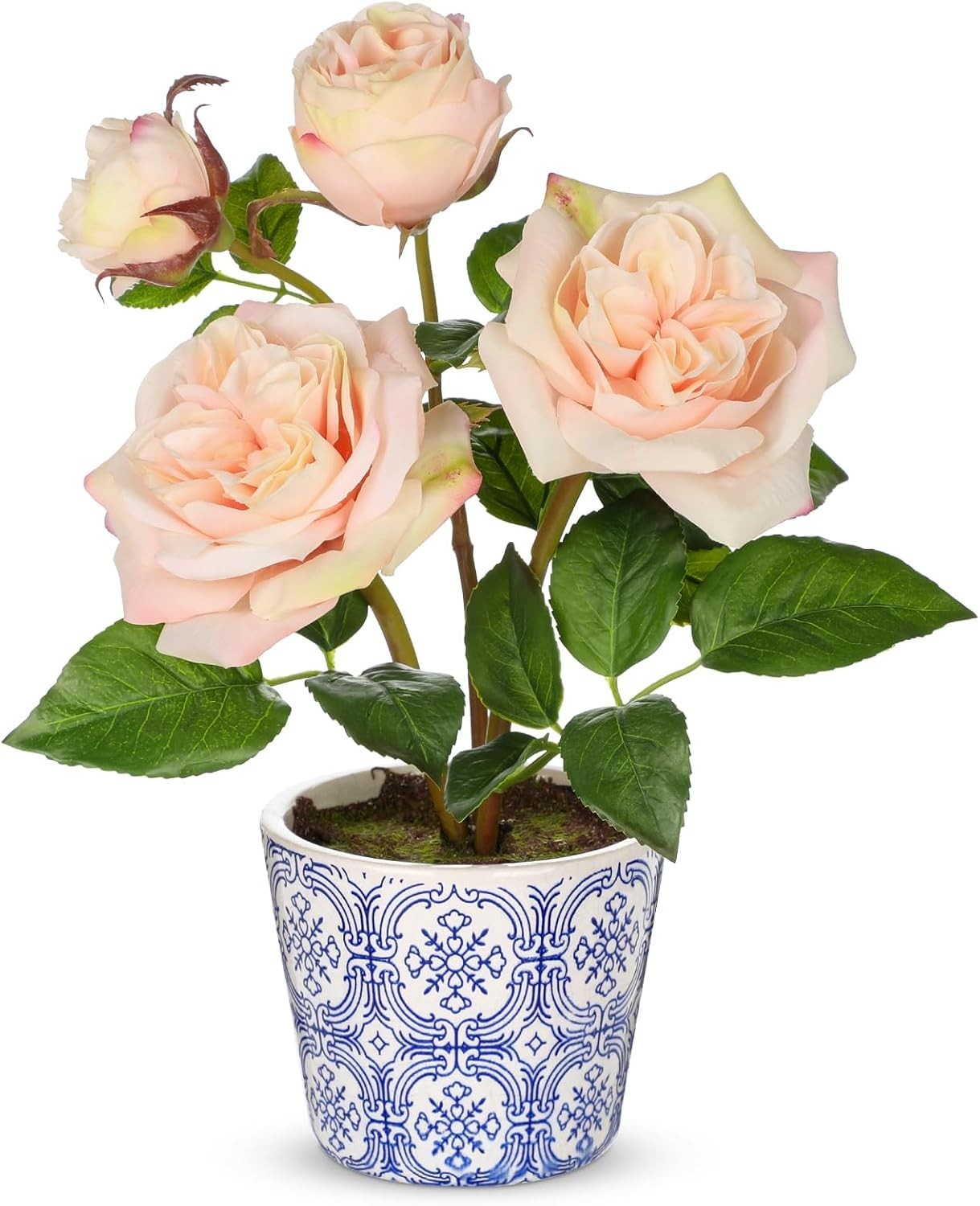 Light Pink Real Touch Roses Artificial Flowers in Vase Blue and White Porcelain