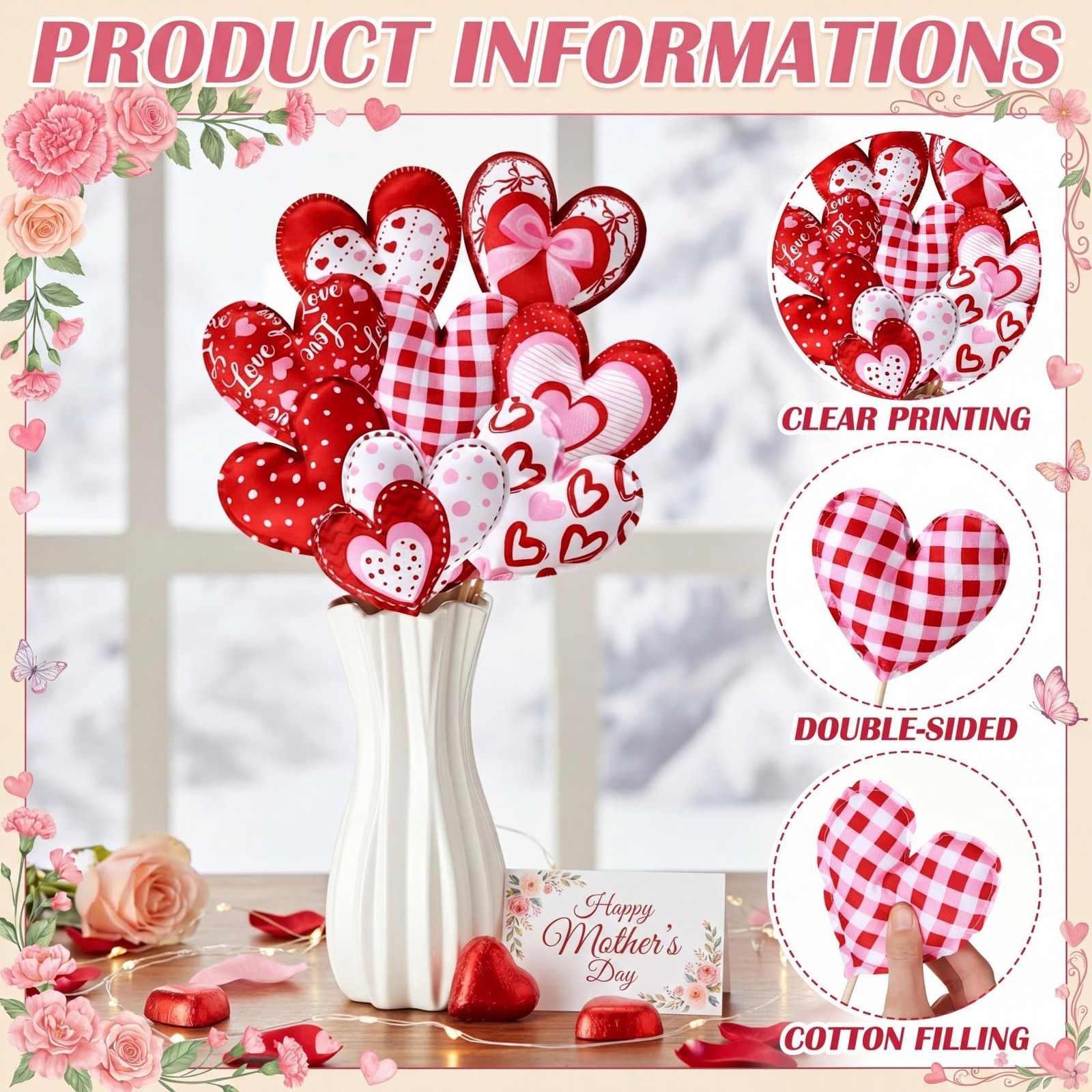 24 Pcs Heart Flower Picks Decoration Love Fabric Felt Heart on Sticks 3D Flor…