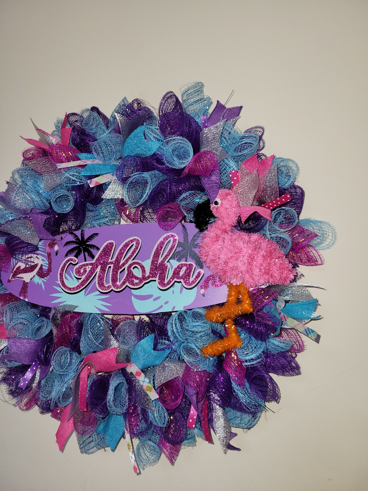 ALOHA Summer Spring Mesh Front Door Wreath Wall Decor BRIGHT Purple Pink Blue