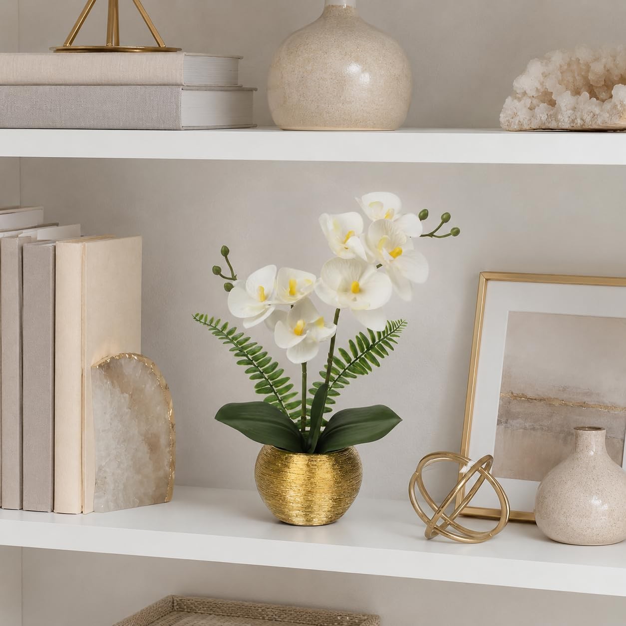 Artificial Orchid Flowers in Gold Ceramic Pot, 13″ Small White Faux Phalaenop…