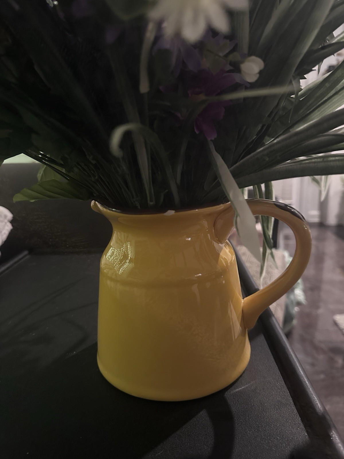 Artificial Multicolor Daisy Arrangement in Yellow Pitcher Vase