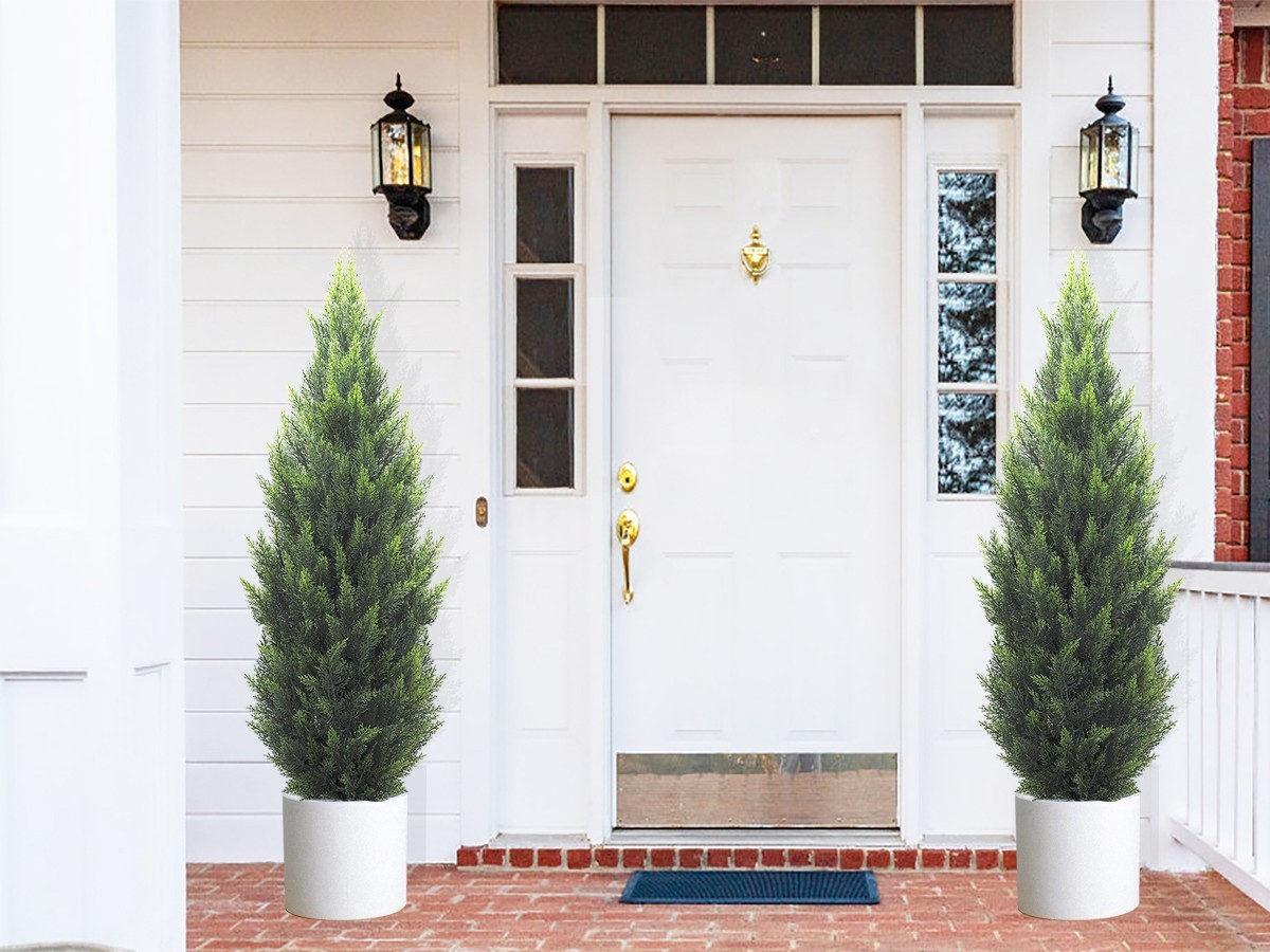 4FT Artificial Topiary Trees 2 Pack, Realistic Faux Cedar Pines UV Rated