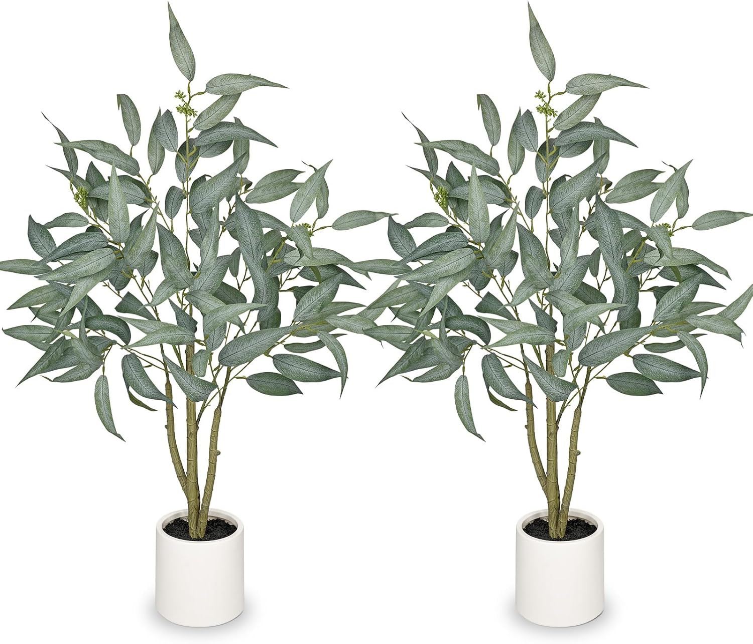 2 Pack 3FT Faux Eucalyptus Tree in White Pot – Realistic Indoor Plant Decor