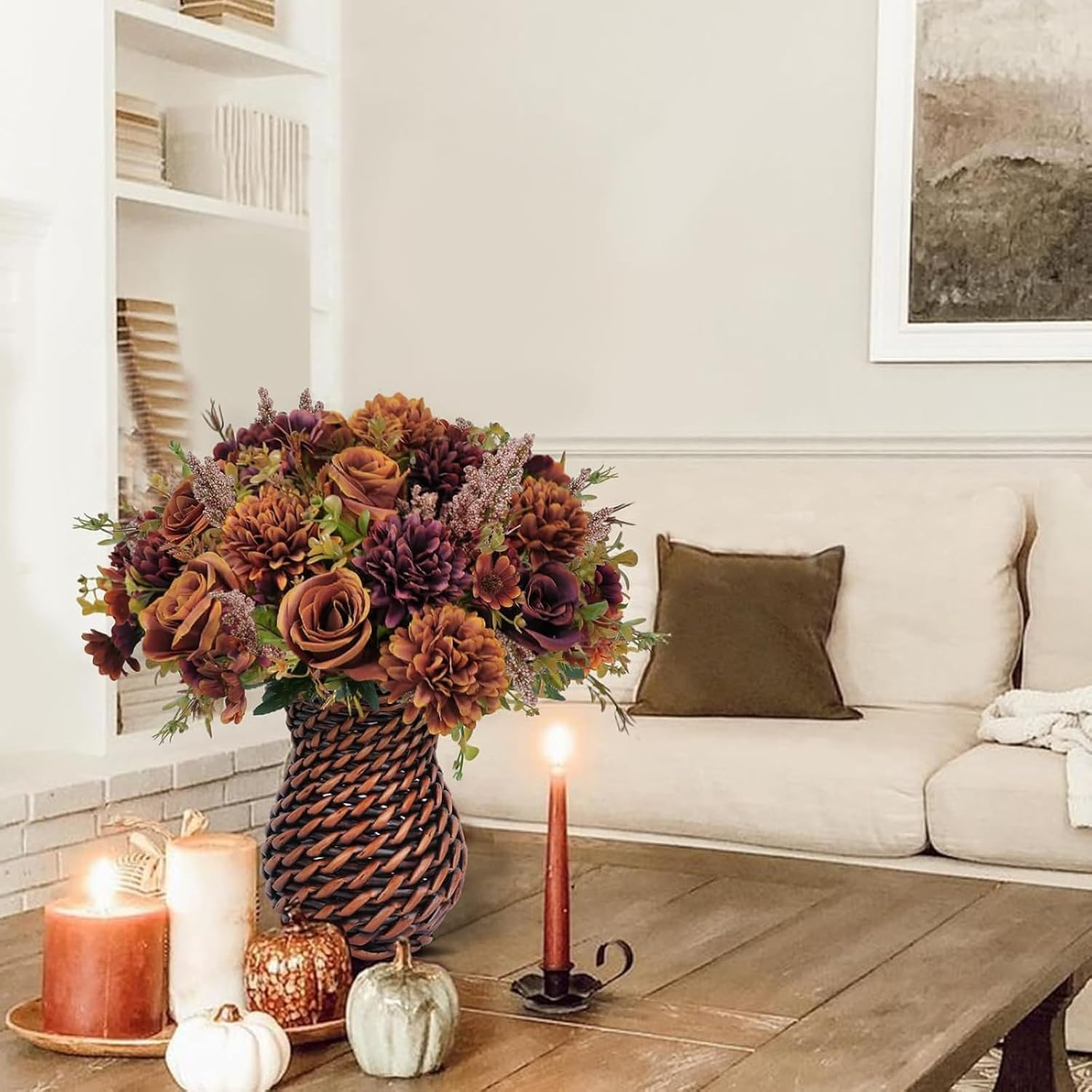 Autumn Silk Flower Arrangement in Vase – Orange Roses for Home Decor (12.5″)