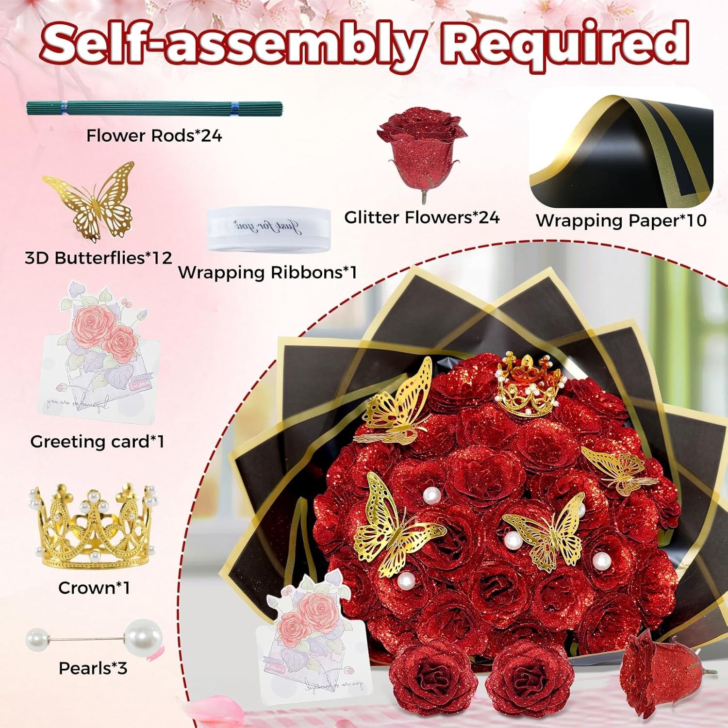 Glitter Roses Bouquet, 24 Pcs Shiny Glitter Flowers Bouquet, Everlasting Art