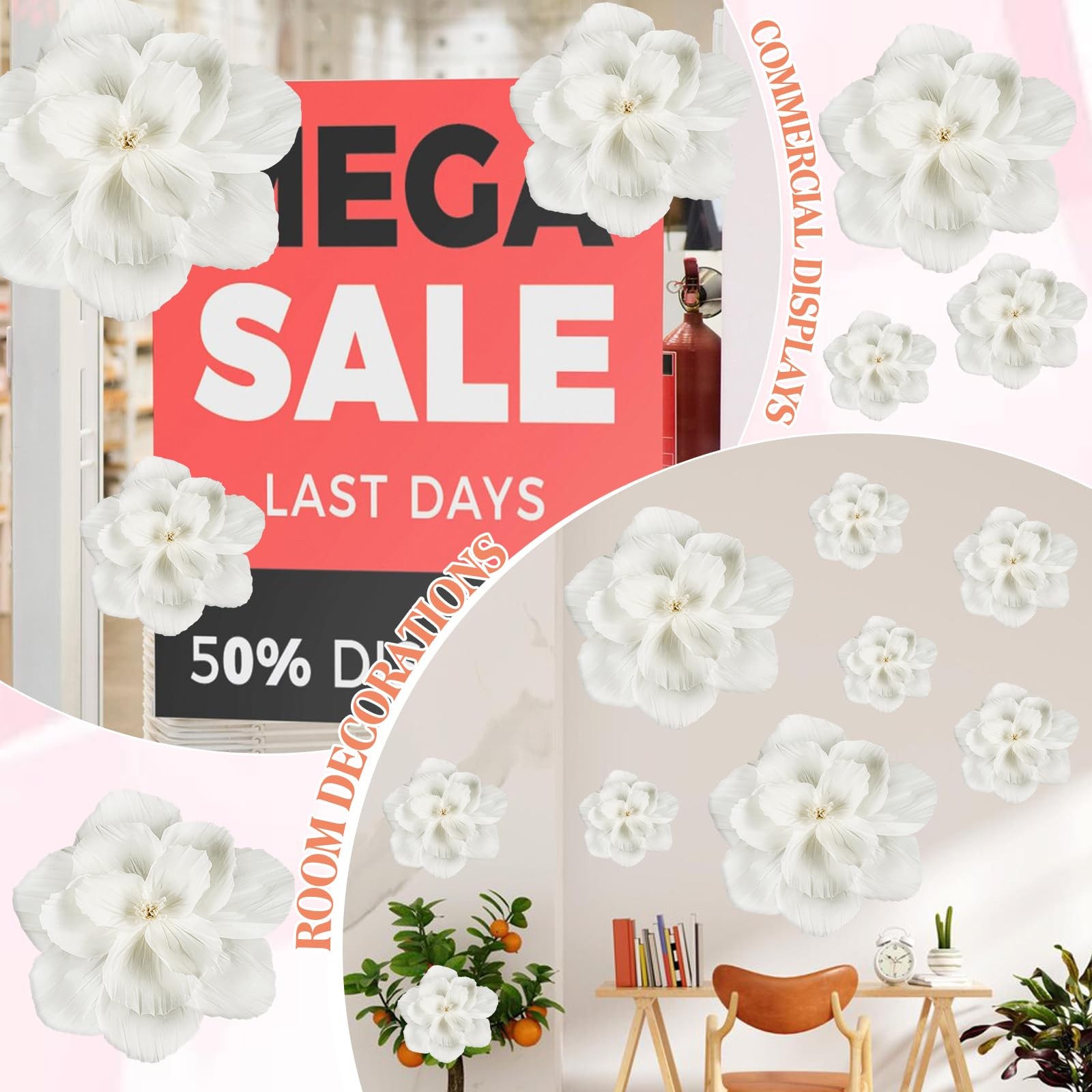 20 PCS Giant Paper Flowers Wall Decor 24″ 12″ 8″ Tissue Wedding Backdrop White