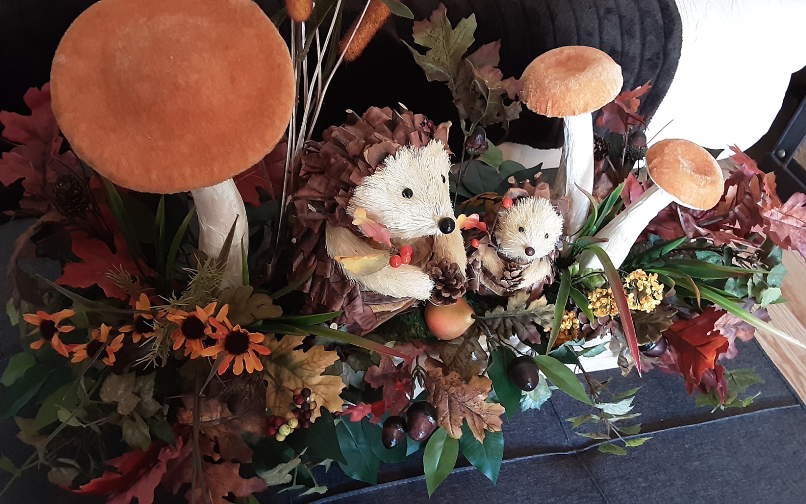 Fall Decoration Autumn Centerpiece Hedgehog Display Handcrafted Leaf Arrangement