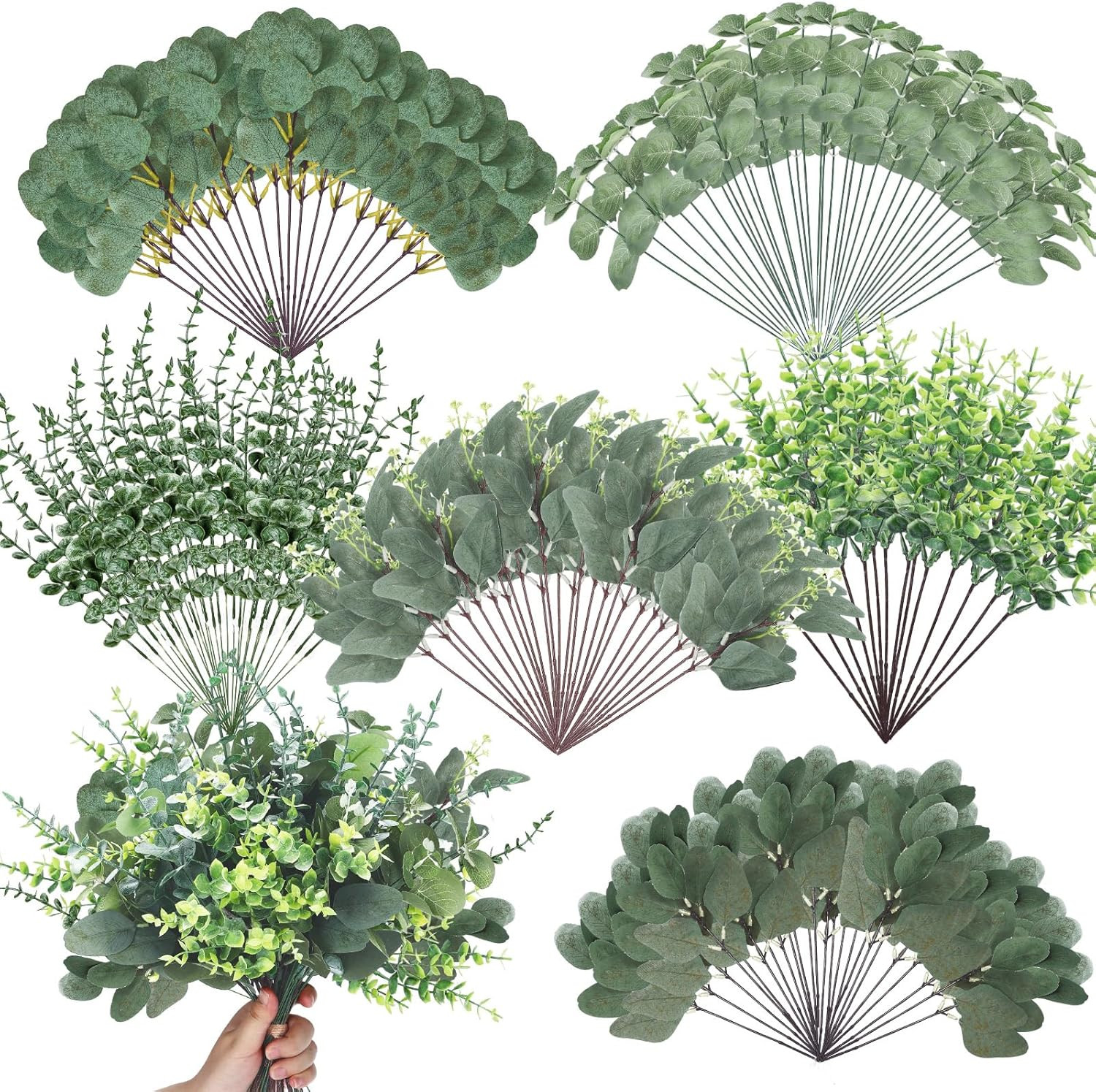 500 Pcs 6 Kinds Mixed Greenery Stem Artificial Faux Eucalyptus Leaves Silver Dol