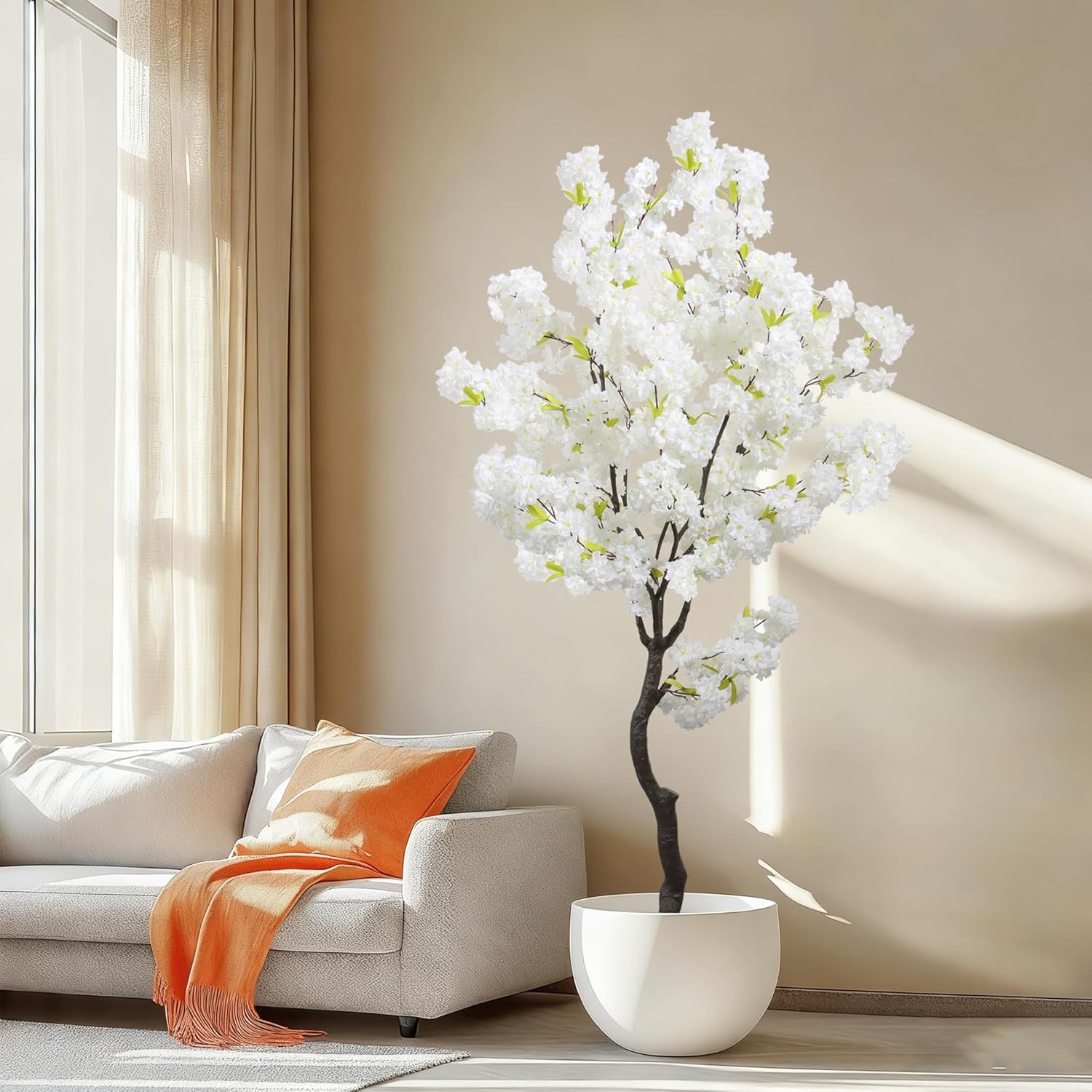 6Ft Faux White Cherry Blossom Tree for Home & Office Decor, Perfect Gift