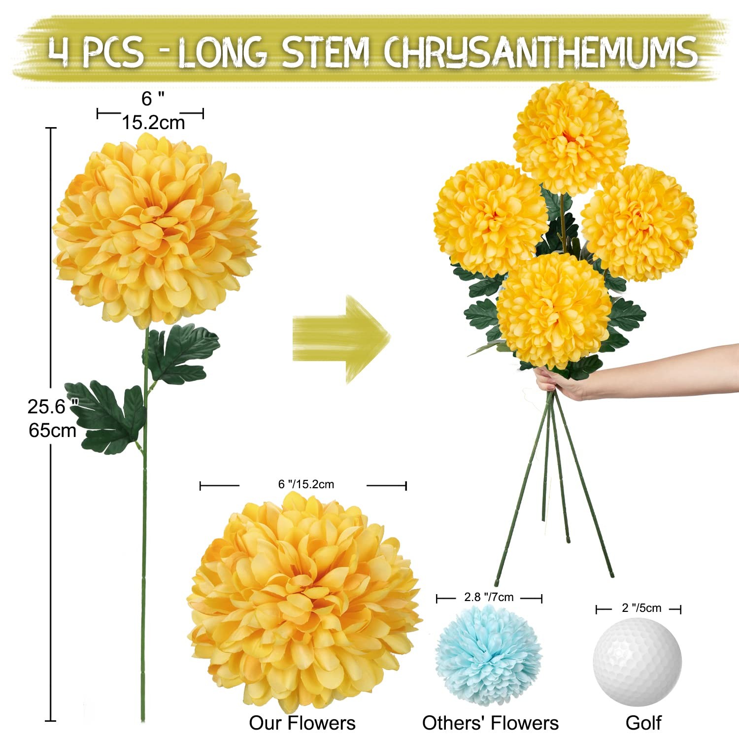 Artificial Chrysanthemums Ball Flowers 6’’ Large Heads Mums Stems Autumn Yell…