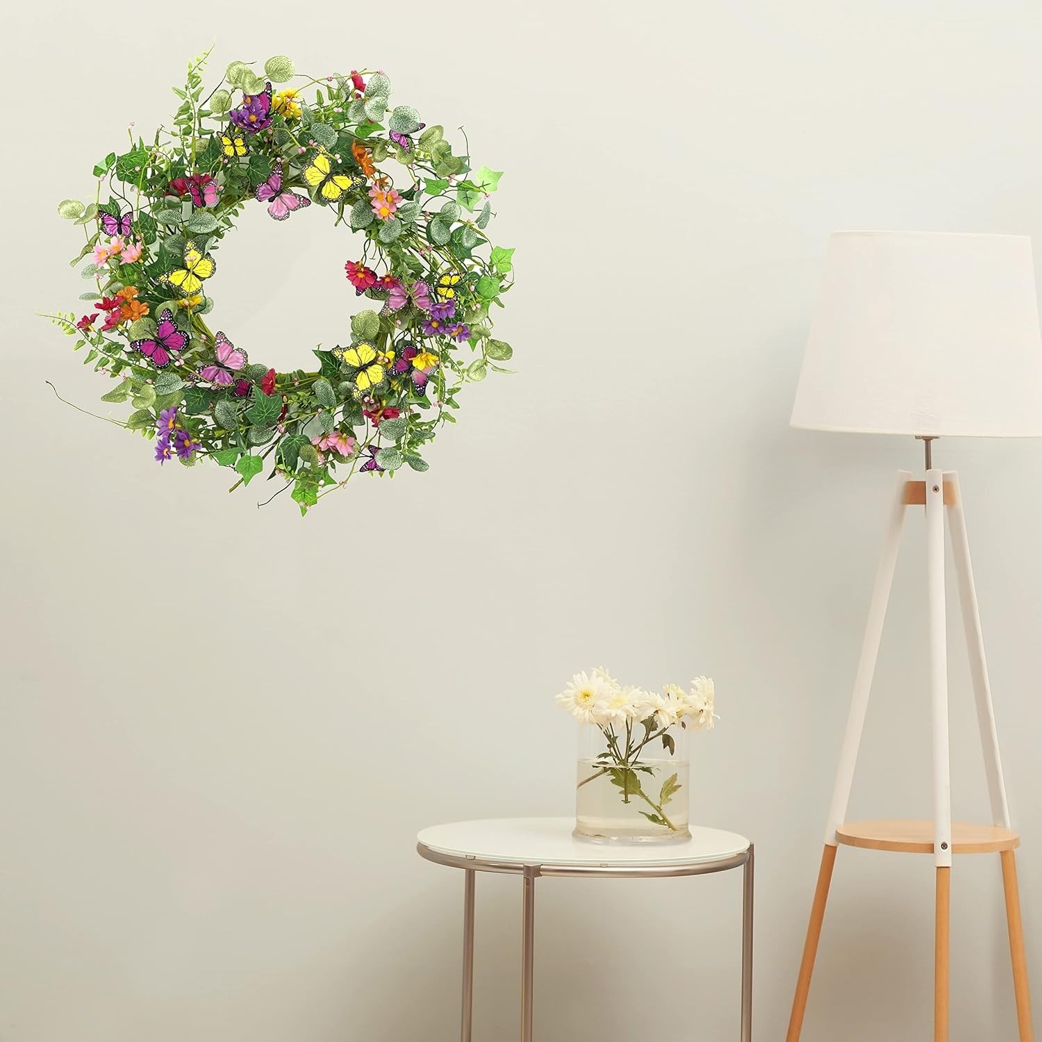 20″ Artificial Spring Summer Wreath Butterflies Eucalyptus Daisy Decor