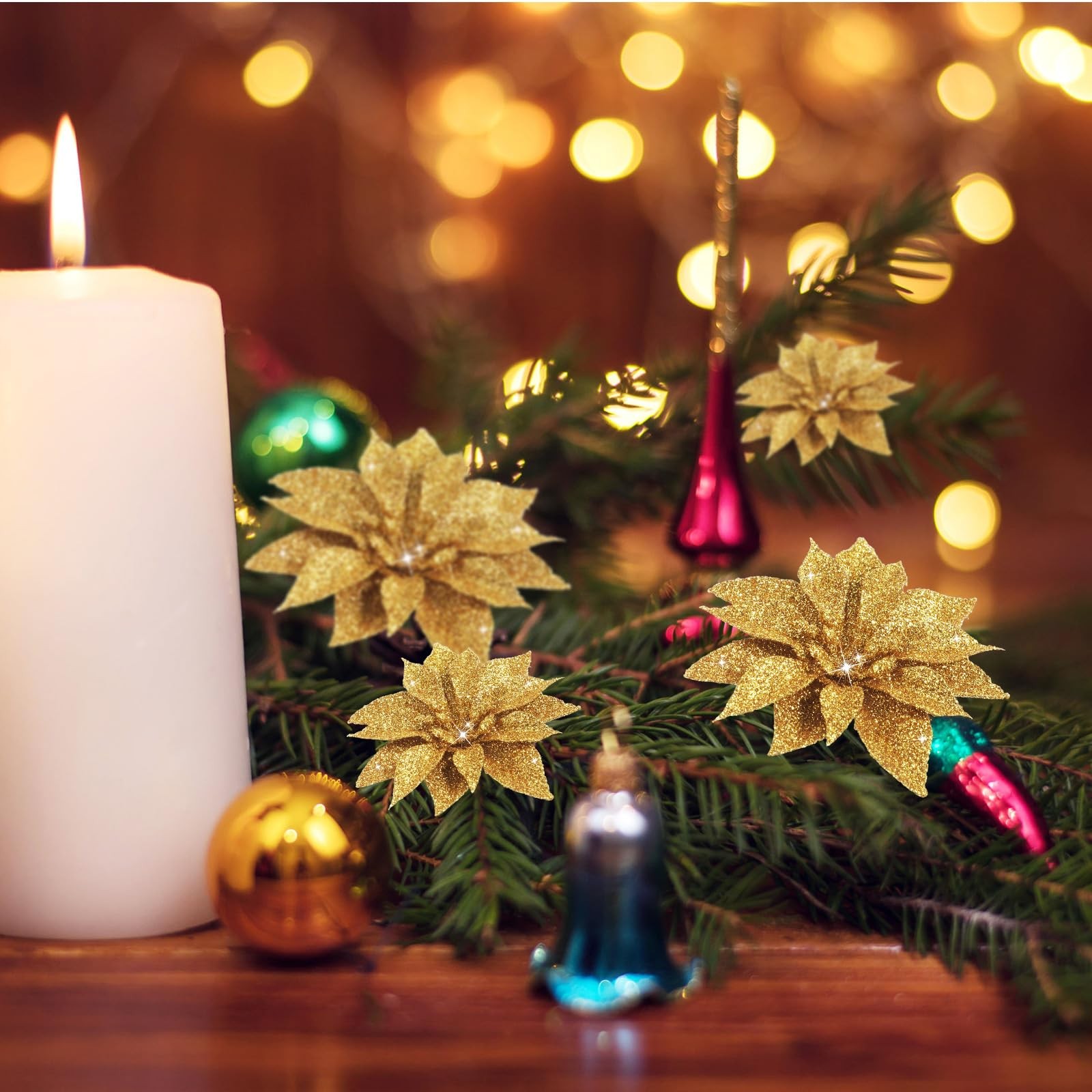 24 Pcs Christmas Poinsettias Artificial Flowers, 6 4 3 Glitter Poinsettia Cli…