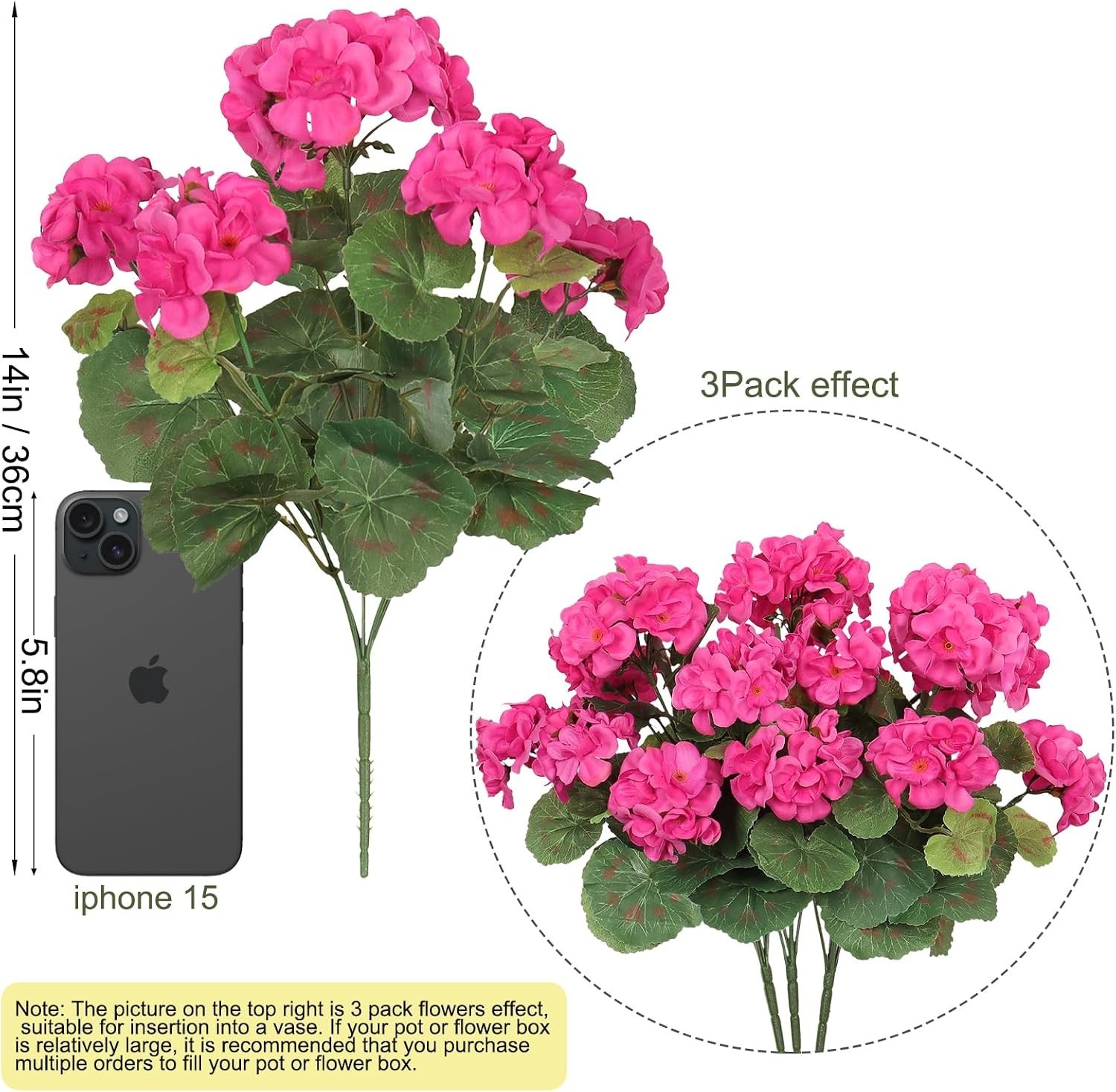 Realistic 3 Pack Geranium UV Resistant Flowers – Perfect for Outdoors & Indoors