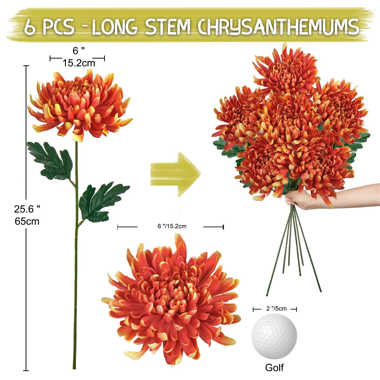 6 Pcs Deep Orange Artificial Mums for Outdoors Fall – 25.6’’ Long Stem Faux C…