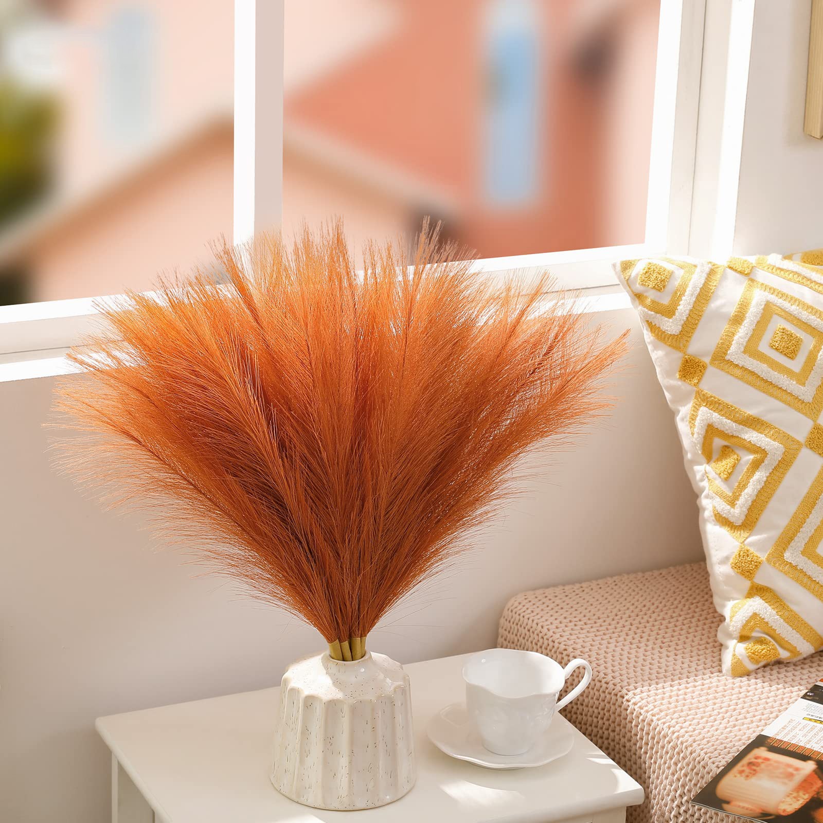 Artificial Pampas Grass,6 Stems Fall Wedding Centerpiece,Table Decor,Brown