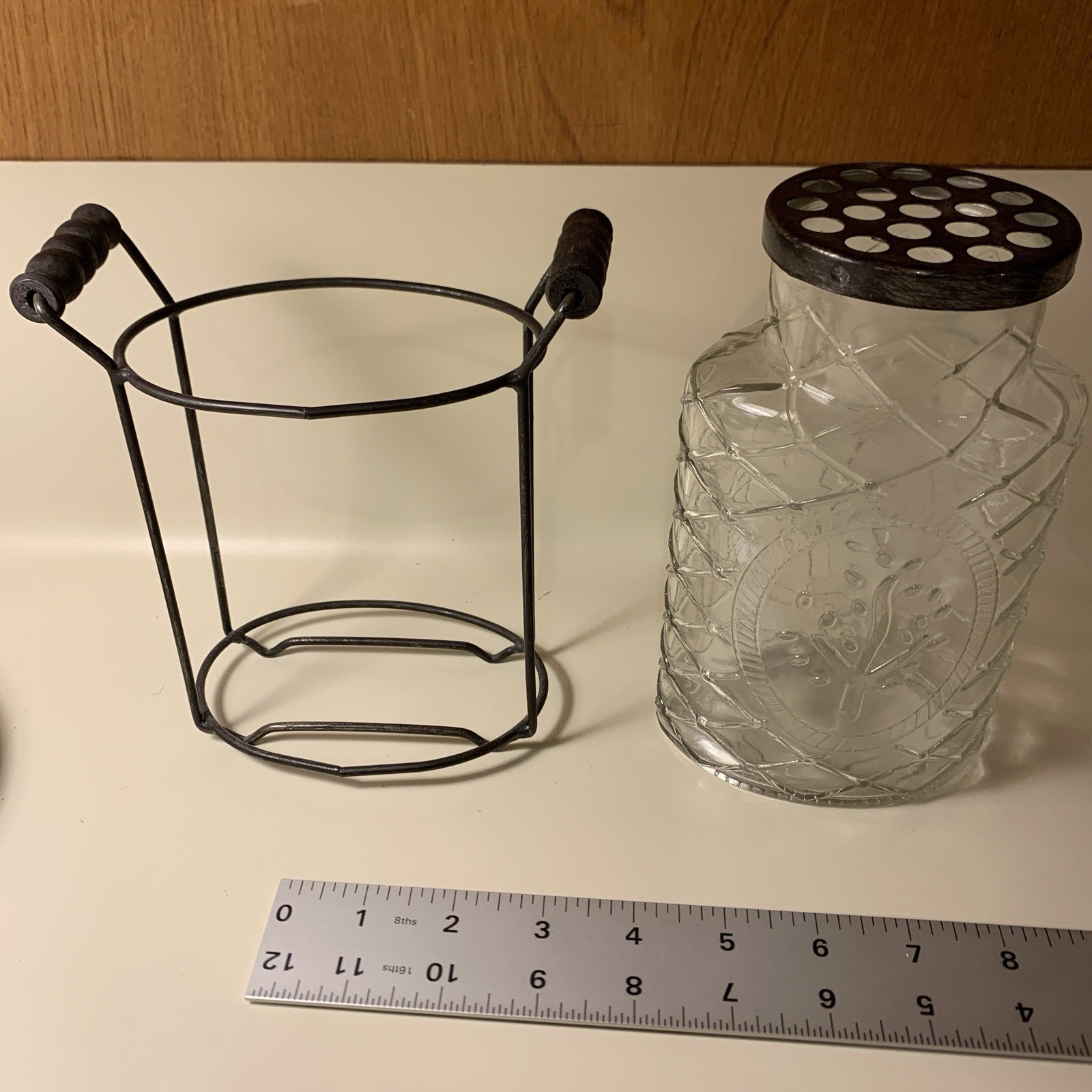 Vtg Tree Embossed Flower Arranging FROG Vase Glass Jar Metal Lid Wood Accent