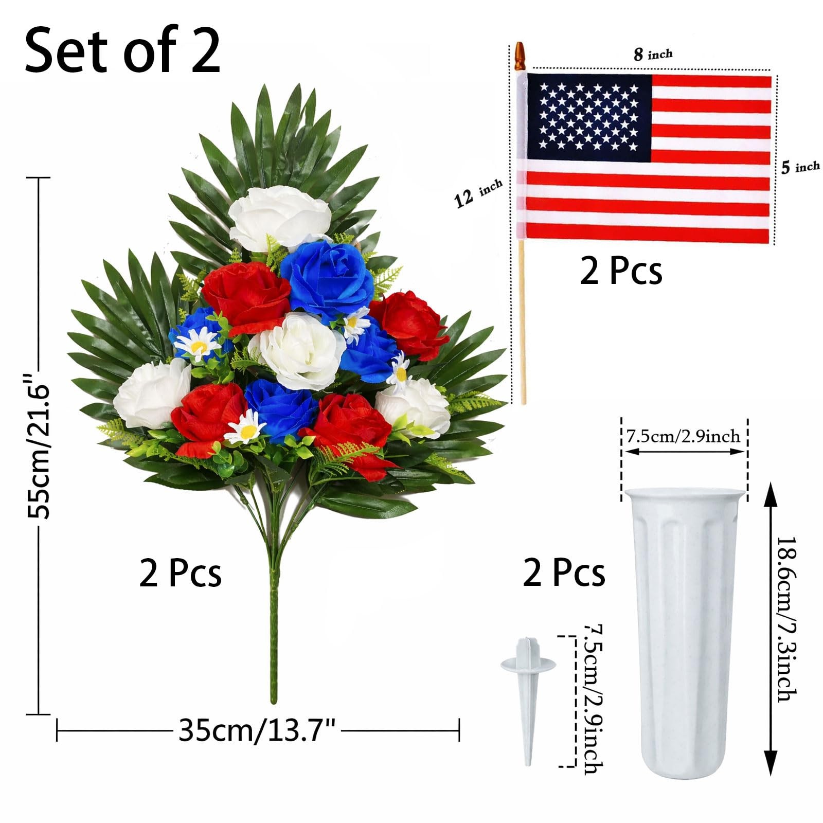 Memorial Day Flowers for Cemetery, 2 Sets Red White and Blue Grave Flowers fo…
