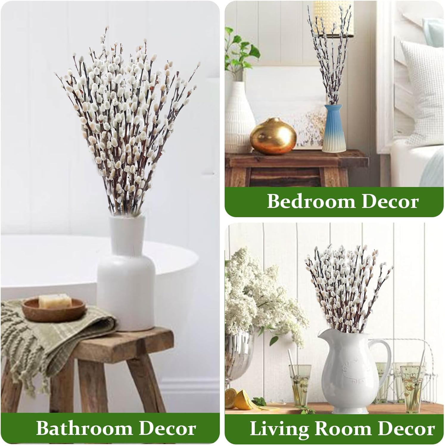 30 Stems Real Dried Pussywillow Preserved Greenery Branches for Vase- Natural Pu