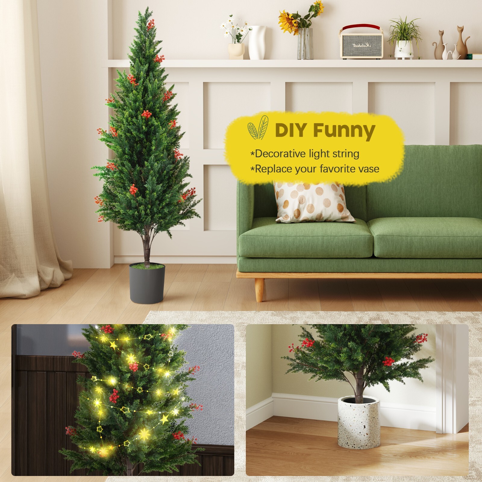 2-Pack 5.25 ft Artificial Cedar Topiary Trees Fake Evergreen Potted Pine Plants