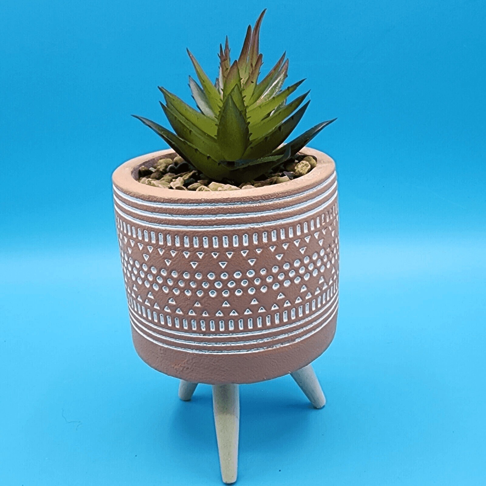 Faux Succulent Plant In Geometric Etched Terra Cotta Pot Legs Artificial Plant