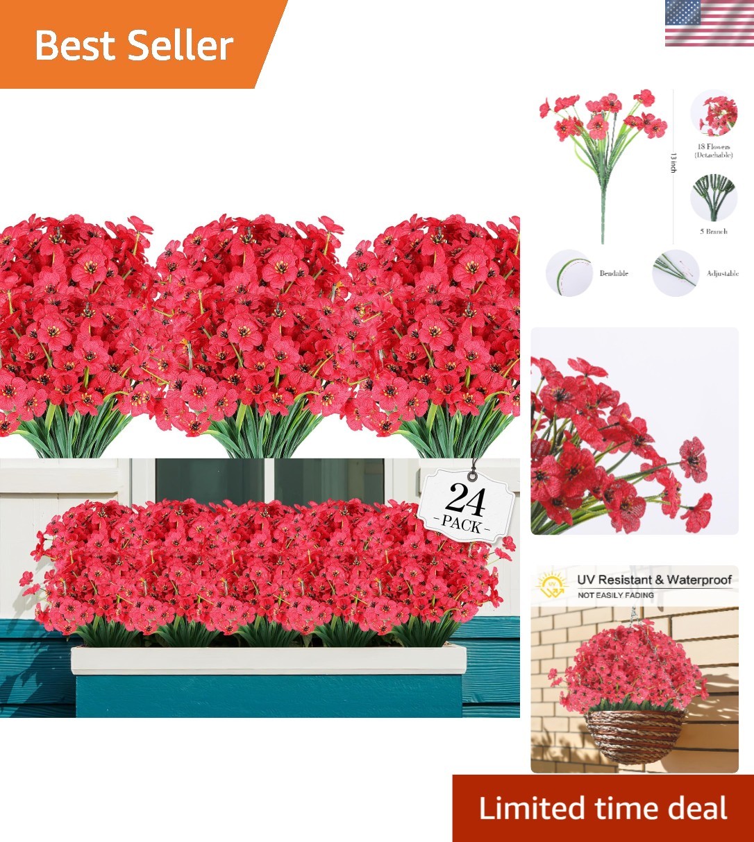 Complete 24 Bundle Set of Vibrant, Waterproof Artificial Flowers for All Seasons