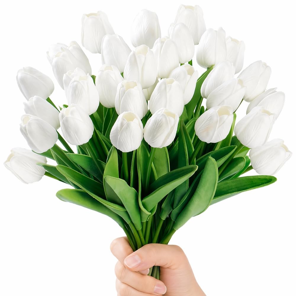 30PCS Artificial Tulips PU Real Touch Single Stem Fake Flowers Bouquet Arrang…