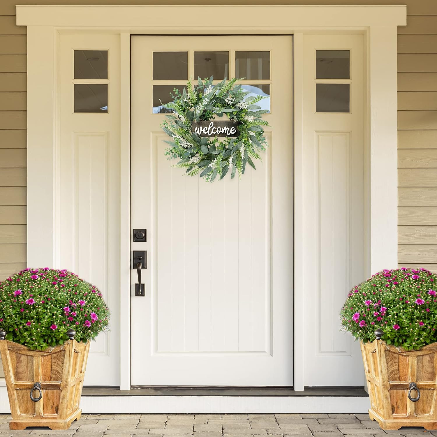 Green Artificial Eucalyptus Wreath with Welcome Sign 20In Mixed White Berries Sp