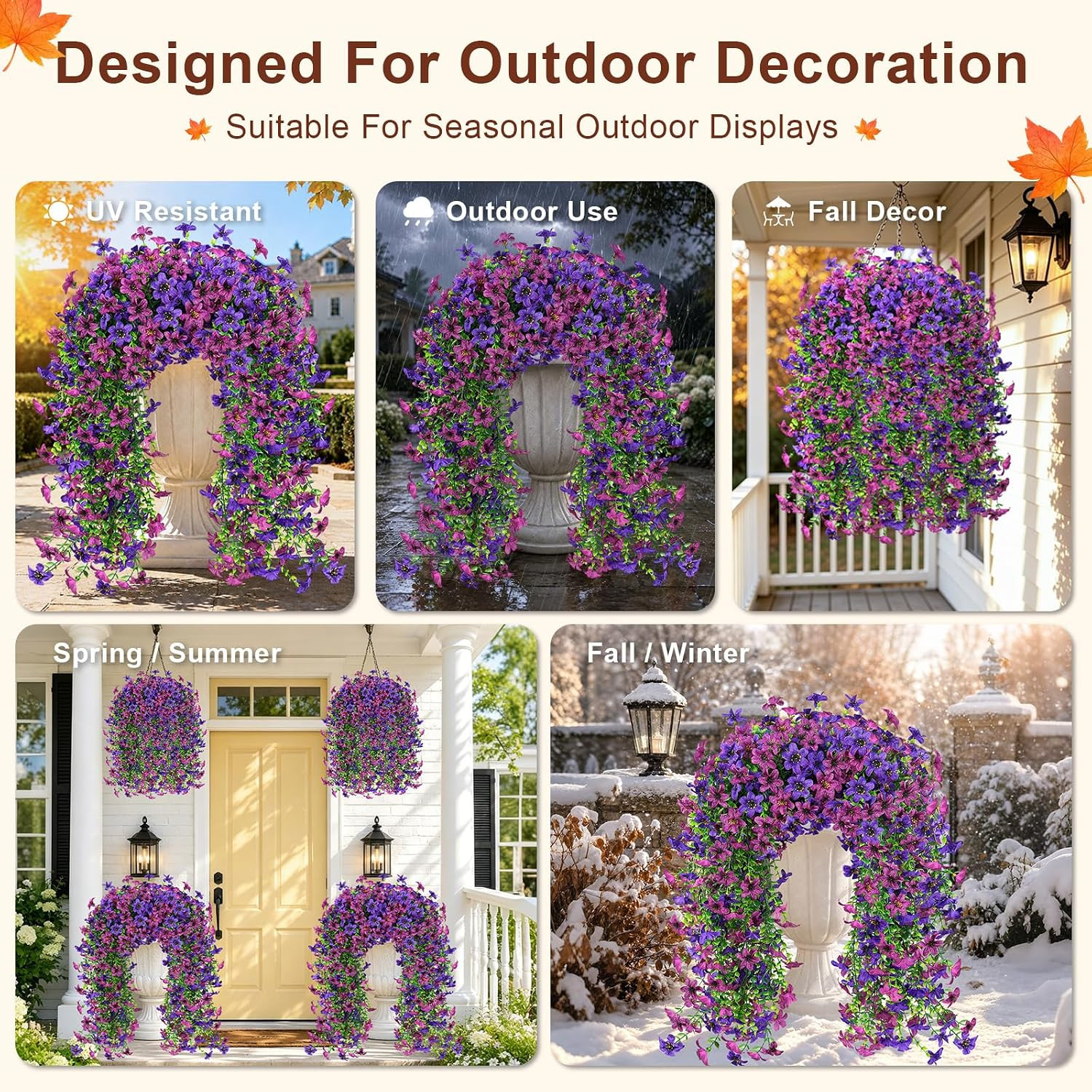 UV Resistant Artificial Hanging Mums – 4 PCS Double Purple Faux Flowers