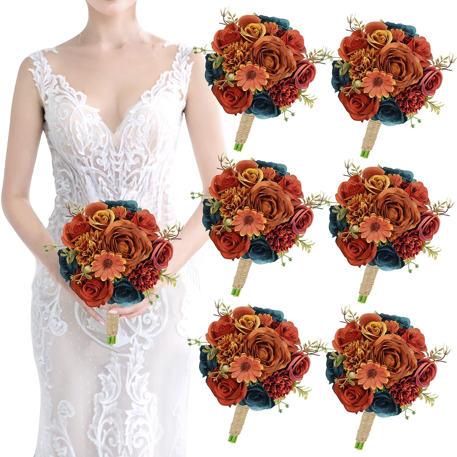 Set of 6 Bridesmaids Bouquets for Wedding – 7 inch Artificial Flower Bridesma…