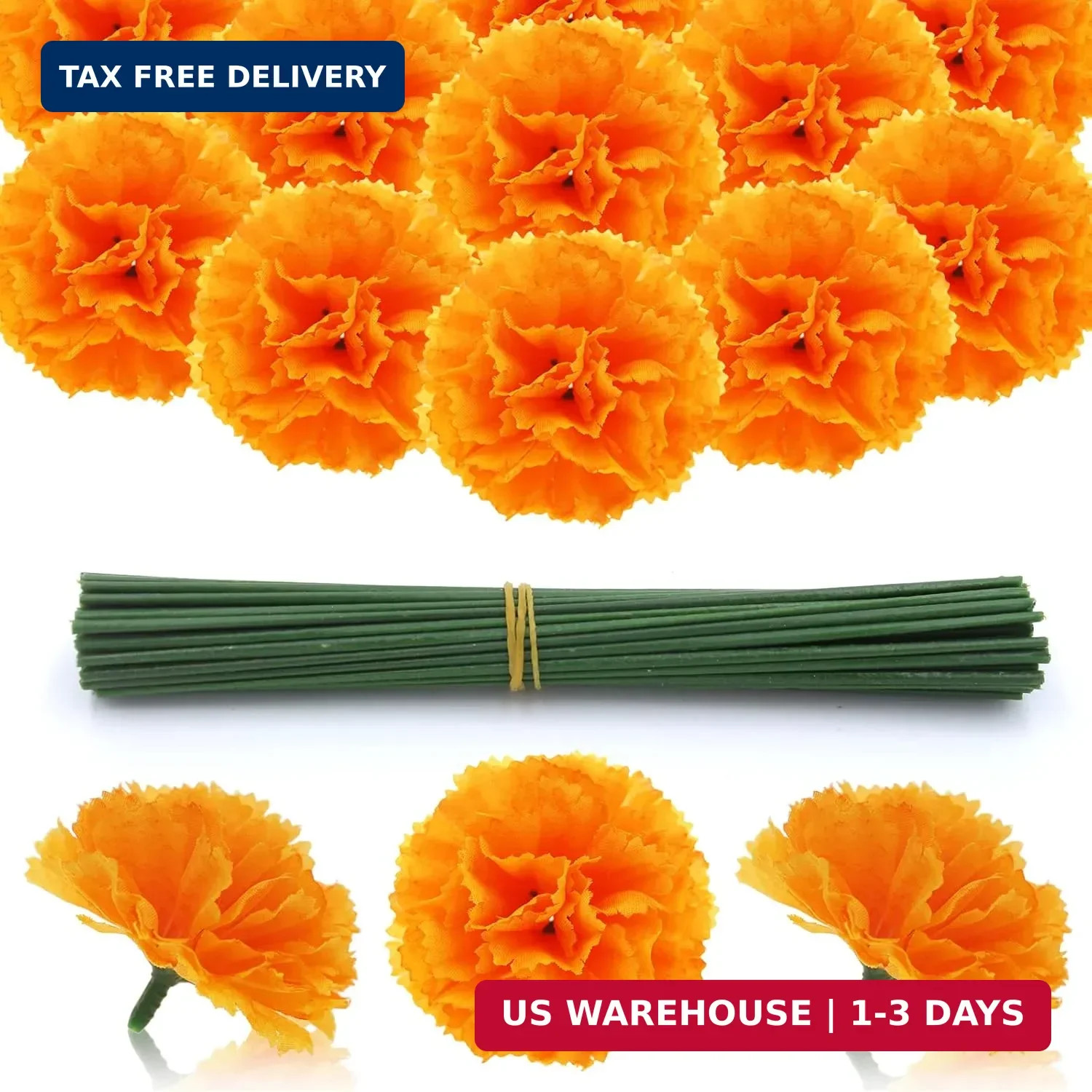 Hananona 50 Pcs Marigold Flower Heads Bulk, Silk Marigolds with Stems Artificial