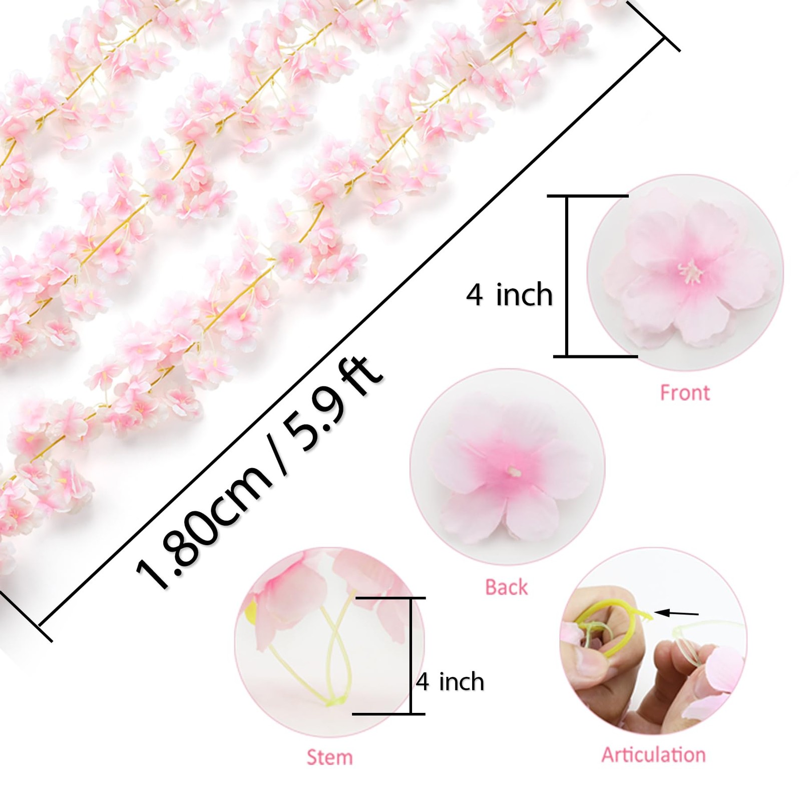 6PC 35.4FT Cherry Blossom Flowers Garland Vine for Decoration Artificial Pink…