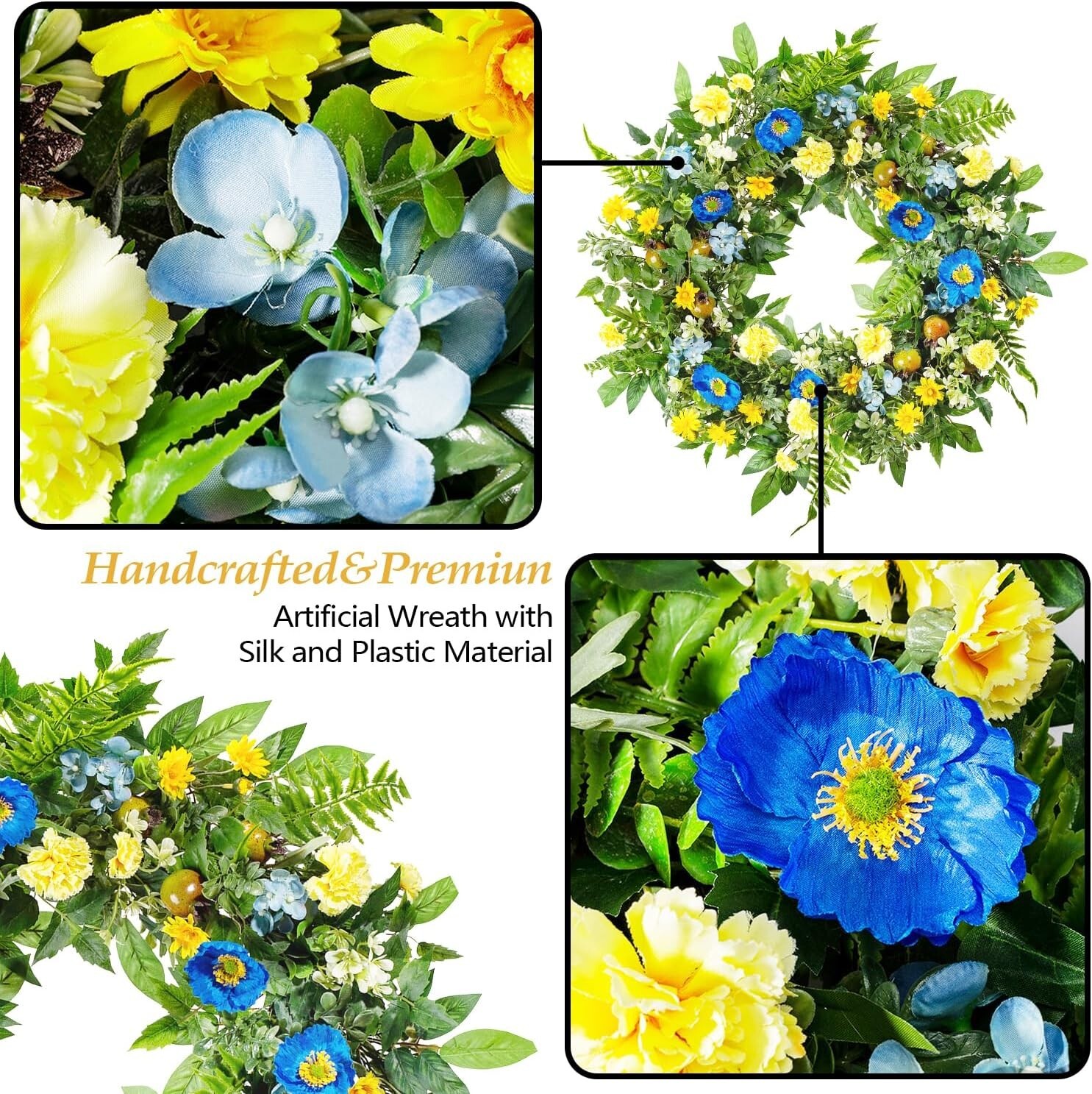 24-Inch Spring & Summer Flower Wreath – Blue & Yellow Elegance for Front Door