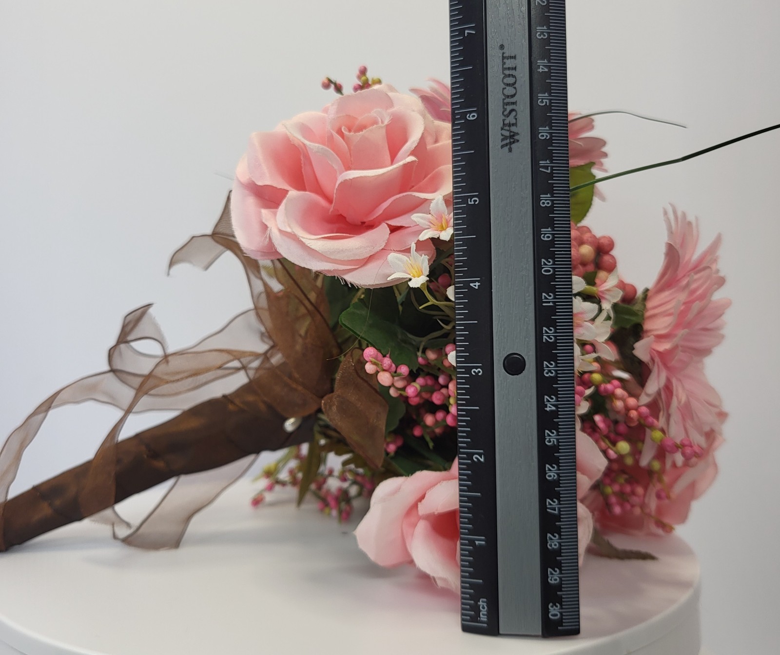 Artificial Pink Bouquet with Gerbera Daisies Roses Filler Berries Wrapped Stem