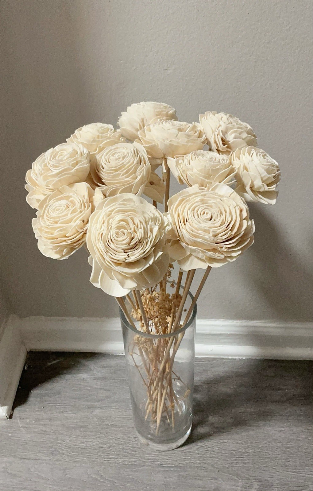 Aesthetic Beige Wood Rose Flower Bouquet in Glass Vase Decor