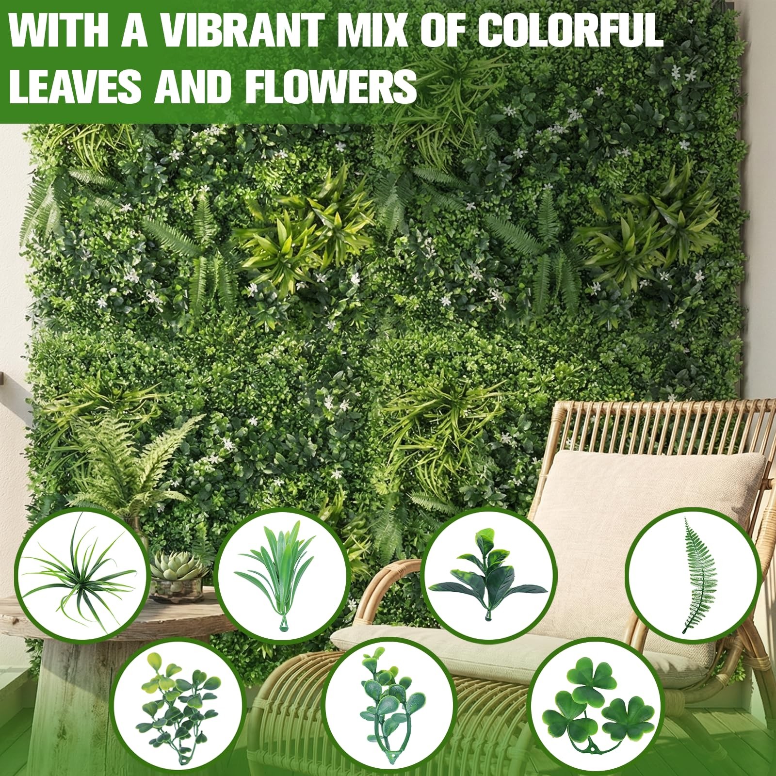 3pcs 39.37″X39.37″ PE Artificial Grass Wall Panel, 6-Plant Mixed Foliage Easy
