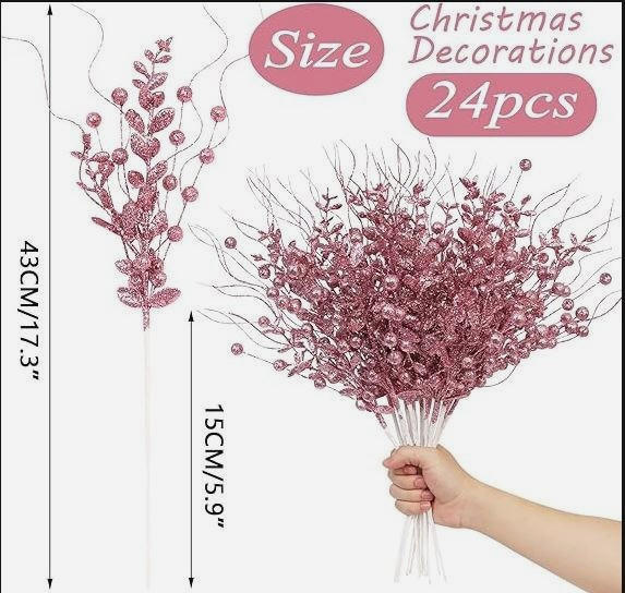 24 pc Christmas Decoration Picks Artificial Glitter Berry Stems Sprays Pink 17″