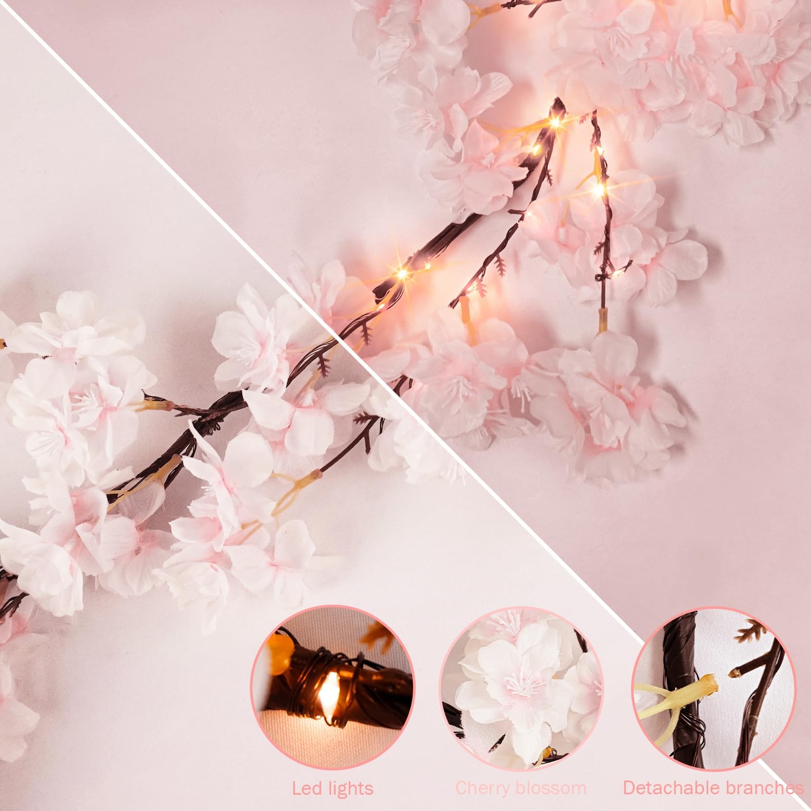 obbsie 6FT Lighted Cherry Blossom Garland with 100 Fairy Lights Timer Battery…
