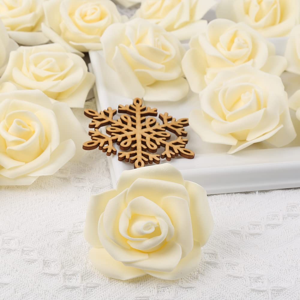 Artificial Rose Flower Heads, 100 Pcs Real Looking Creamy Yellow Foam Fake Ro…