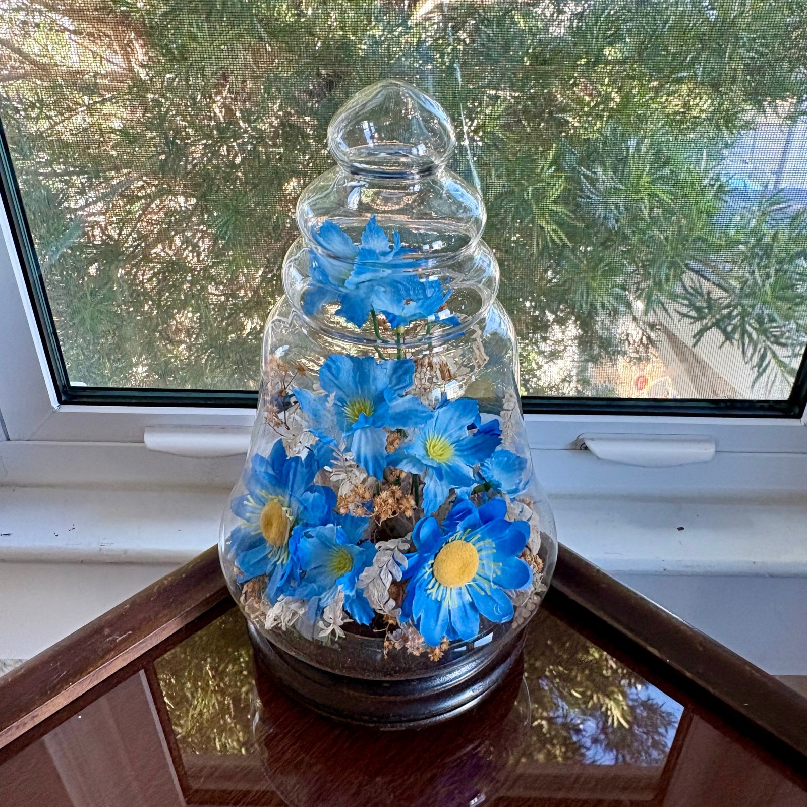 Vintage Glass Bell Jar Dome with Blue Floral Arrangement on Wood Base