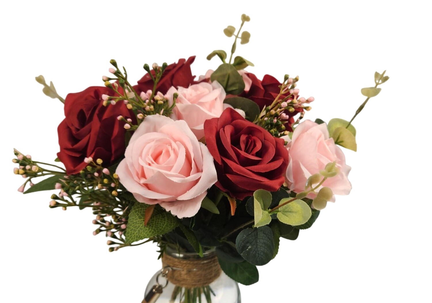 Red Pink Rose Faux Flower Bouquet Wedding Artificial Floral Decor