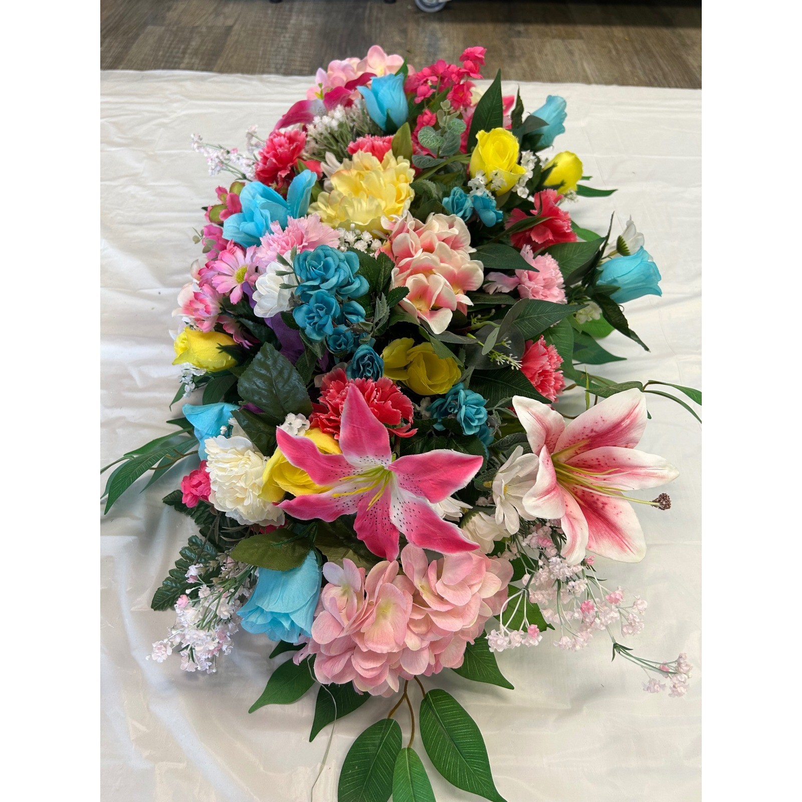 Multi Color Floral Saddle Cemetery Headstone Spray Faux Lilies Roses 34 Inch