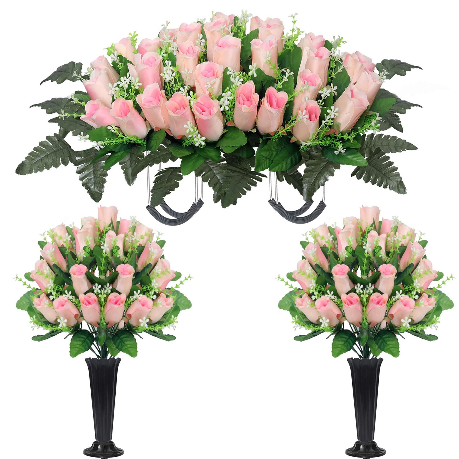 Cemetery Flowers for Grave,Headstone Flower Saddle with 2 Sets Grave Rose Flo…