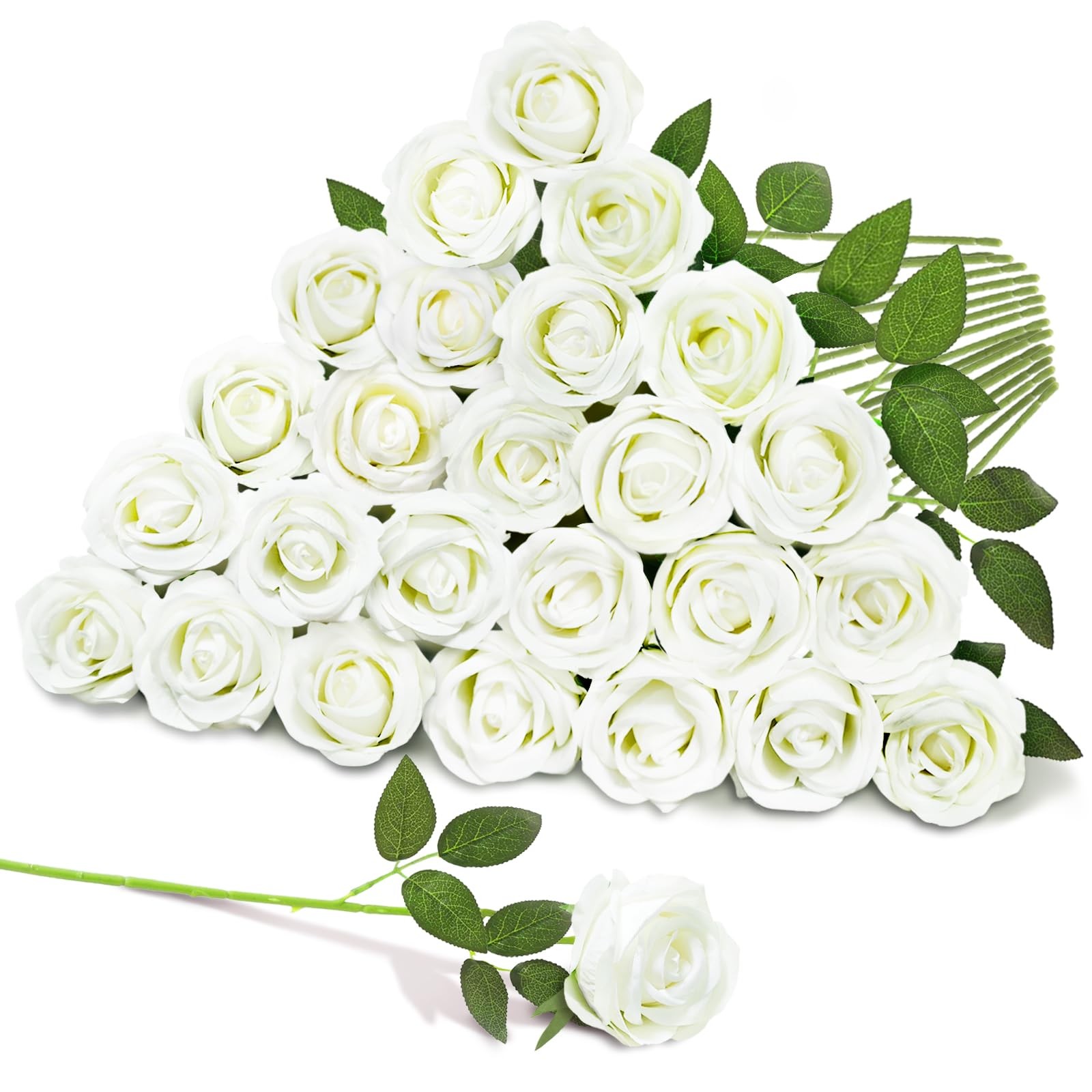 22 Pcs Artificial White Roses with Stems – Velvet Faux Flowers Bulk for Weddi…