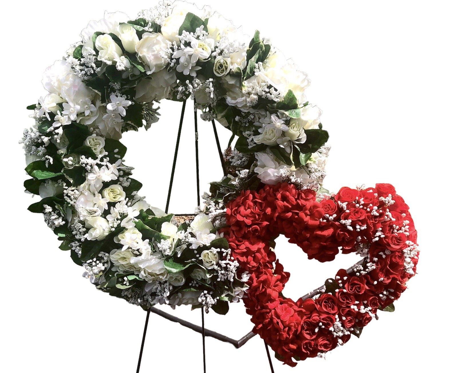 New Sympathy Handmade Wreath White Roses Double With A Red Heart