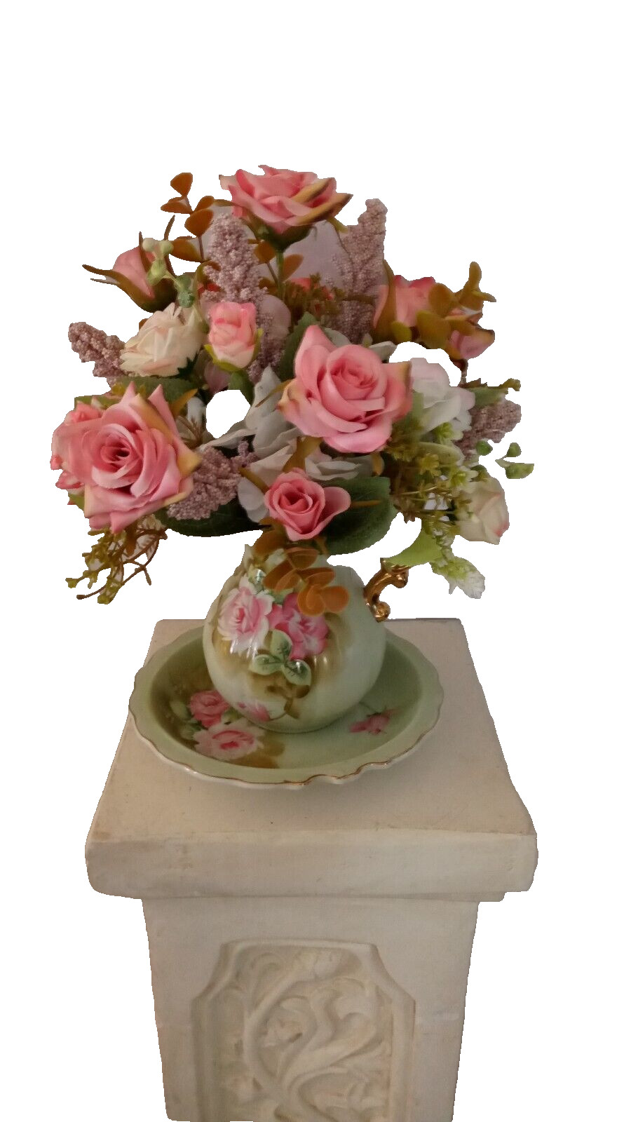 Vintage Lefton Bowl And Pitcher Filled With Beautiful Silk Flower Arrangement