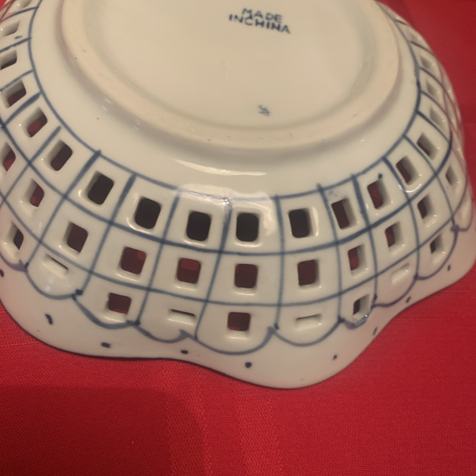 Ceramic Basketweave Fruit And Bread Bowl, Blue and White, Lattice Cut China 7.5″