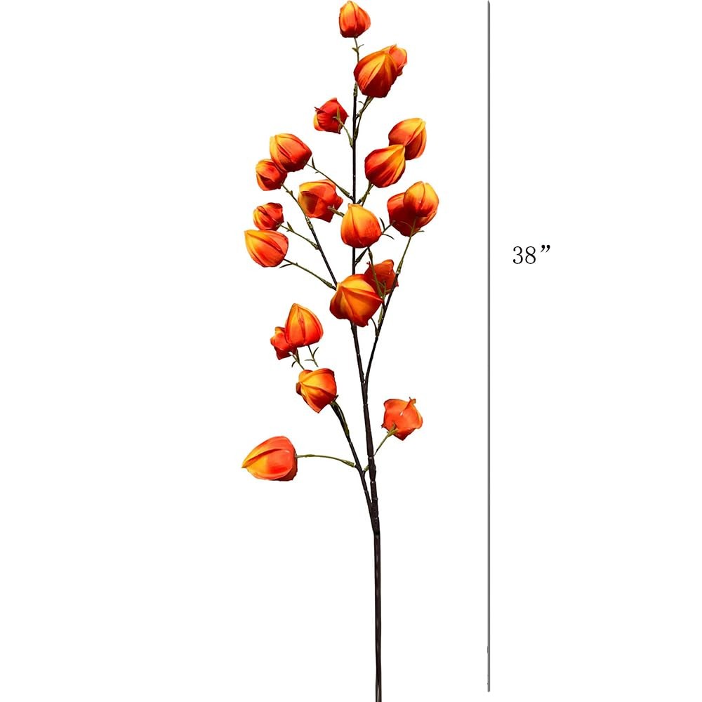 3Pcs Artificial Chinese Lantern Stems 38In Long Realistic Orange Red Silk Fau…
