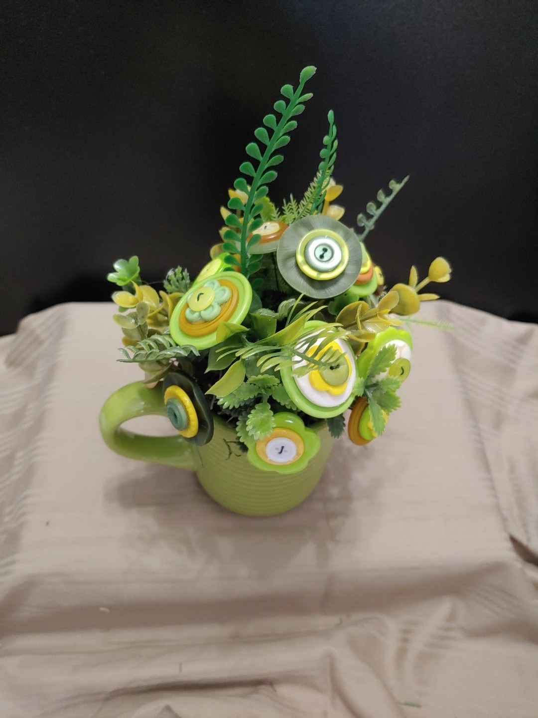 Green Yellow Button Flower Bouquet In Lime Green Coffee Mug Vintage
