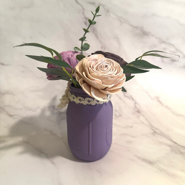 Sola Wood Ivory Purple Rose Flower Centerpiece Mason Jar Arrangement Gift Decor